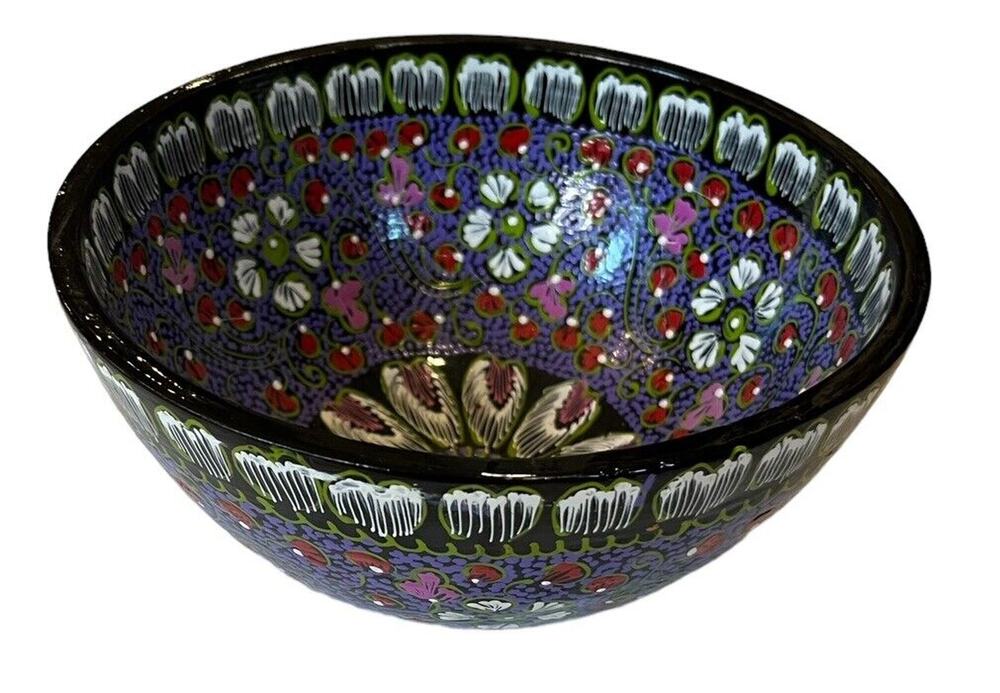 Black Purple Paper Mache Bowl Flowers 7.75” Wide Hand Painted Colorful VGC